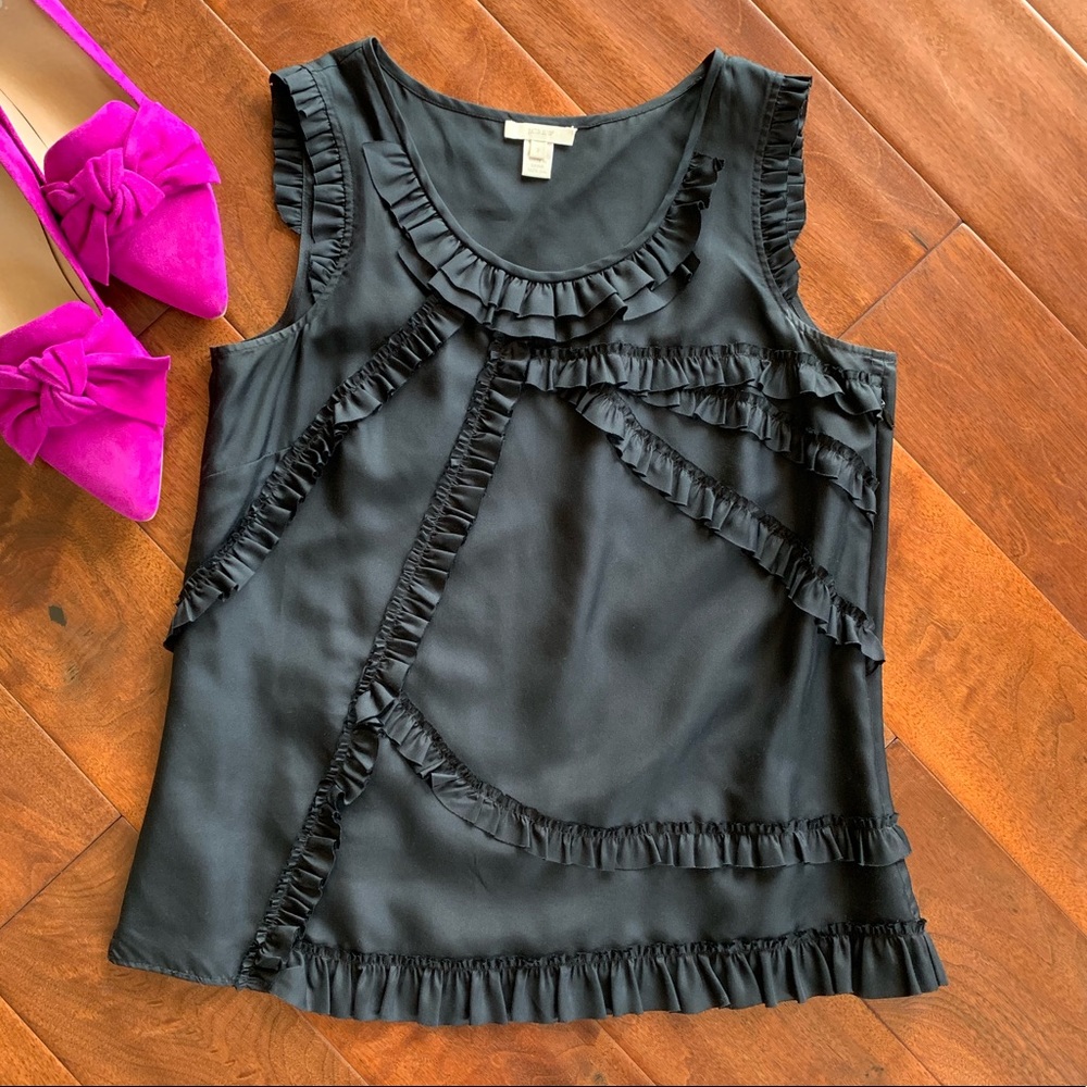 JCrew Black Silk Top With Ruffles